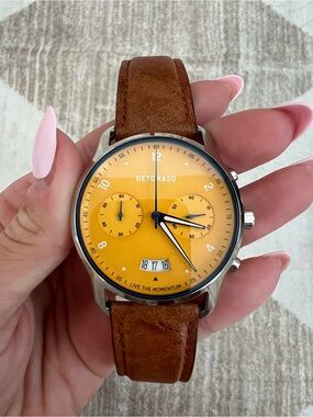 Detomaso Yellow Dial Chronograph Watch with Brown Leather Strap